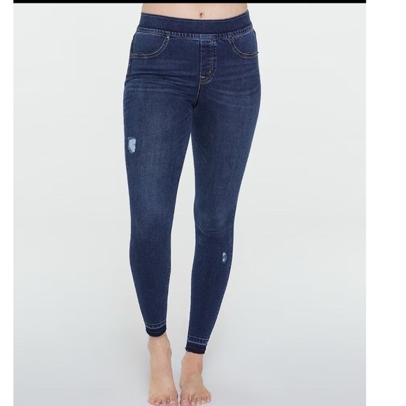 SPANX Denim - Spanx Jeggings High Rise Jeans Elastic Waist Distressed Released Ankle Hem